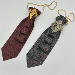 Baroque Style Vintage Necklace Silk Tie With Stamped Brooch Pick One